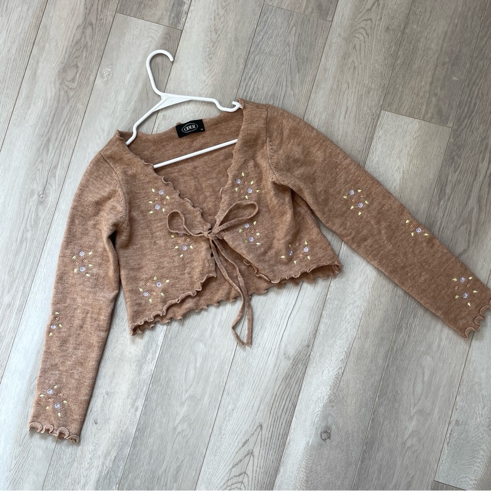 Cider Embroidered Cardigan Sweater Brown medium floral open tie front coquette - Picture 7 of 7